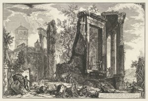 Tempel van Vesta en de Tempel van de Tiburtijnse Sibille v Tivoli Jiný pohled na chrám Sibyly v Tivoli (název na objektu) Gezichten op Rome (název série) Pohledy na Řím navrhl a vyryl Giambattista Piranesi architekt Ve (nez) iano (ser od Giovanni Battista Piranesi
