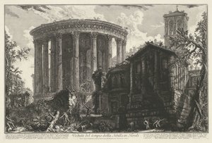 Tempel van Vesta en de Tempel van de Tiburtijnse Sibille v Tivoli Pohled na chrám Sibyly v Tivoli (název na objektu) Gezichten op Rome (název série) Pohledy na Řím navrhl a vyryl architekt Giambattista Piranesi Ve (nez) iano (série ti od Giovanni Battista Piranesi