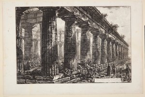 Neptunův chrám v Paestu, viděný ze strany a nakreslený větší než na první tabuli od Giovanni Battista Piranesi