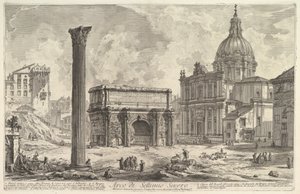 Septimiův Severův oblouk s kostelem sv. Martiny vpravo (Arco di Settimio Severo), z „Vedute di Roma“ od Giovanni Battista Piranesi