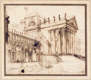 Portico a fasáda propracované neoklasicistní budovy od Giovanni Battista Piranesi