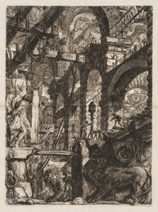 Vězení: Perspektiva římských oblouků se dvěma lvy vytesanými v reliéfu na kamenných deskách v popředí od Giovanni Battista Piranesi