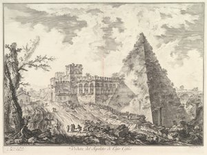 Pyramida Caiuse Cestiuse, s Porta S. Paolo a přilehlou silnicí Veduta del S..., ca. 1755. od Giovanni Battista Piranesi