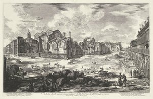 Thermen van Diocletianus te Rome Pohled na horní zbytky Dioclazianových lázní (název na objektu) Gezichten op Rome (název série) Pohledy na Řím navržený a vyrytý architektem Giambattista Piranesi Ve (nez) iano (název série) od Giovanni Battista Piranesi