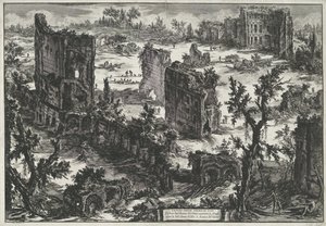 Thermen van Trajanus te Rome Pohled na Sýkorové lázně (...) (nadpis na objektu) Gezichten op Rome (název série) Pohledy na Řím navržený a vyrytý architektem Giambattista Piranesi Ve (nez) iano (název série) od Giovanni Battista Piranesi