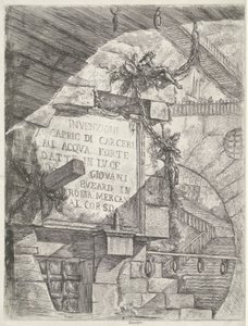 Tisk titulu s tváří v žaláři a titulem na zdi Dungeons (název série) Invenzioni Capric di Carceri all Acqua Forte (název série na objektu) od Giovanni Battista Piranesi