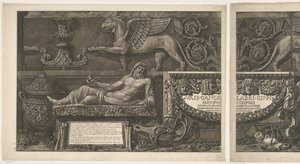 Titulní tisk se sochami, vyřezávanými reliéfy a sarkofágem s titulem Vázy, svícny, náhrobky, sarkofágy, stativy, lampy a ozdoby navržené a vyryté Giovanni Battista Piranesi (název série) Vasi, kandelábry, cippi, sarkofág od Giovanni Battista Piranesi