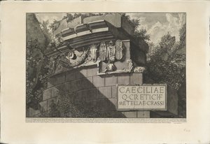 Tombe van Caecilia Metella te Rome Část fasády hrobu Cecilie Metella s ornamenty, které dnes existují (název na objektu) Archeologische vondsten in en rond Rome (název série) Římské starožitnosti (název série) od Giovanni Battista Piranesi