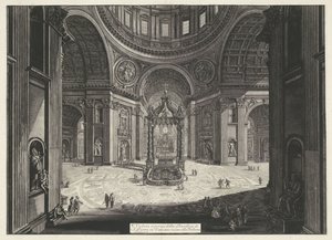 Transept van de Sint-Pietersbasiliek te Vaticaanstad Vnitřní pohled na baziliku svatého Petra ve Vatikánu poblíž Tribuny (titul na objektu) Gezichten op Rome (název série) Pohledy na Řím navrhl a vyryl Giambattista Piranesi architekt Ve ( od Giovanni Battista Piranesi
