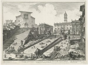 Trappen na náměstí Piazza del Campidoglio en de Santa Maria v Aracoeli te Rome Pohled na římské Campidoglio se schodištěm vedoucím ke kostelu Araceli (název na objektu) Gezichten op Rome (název série) Pohledy na Řím navrhl a vyryl Giambattista Pira od Giovanni Battista Piranesi