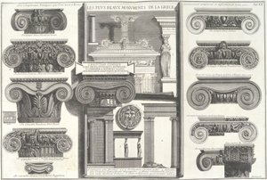 Různé římské iónské kapitály ve srovnání s řeckými příklady..., polovina 18. století. od Giovanni Battista Piranesi