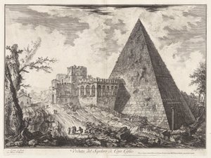 Veduta del Sepolcro di Cajo Cestio (Pohled na pyramidální hrob Caia Cestia [s Porta S. Paolo vlevo]), z Vedute di Roma (Pohledy na Řím) od Giovanni Battista Piranesi