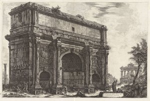 Pohled na oblouk Septimia Severa, z Vedute di Roma od Giovanni Battista Piranesi