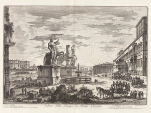 Pohled na Piazza di Monte Cavallo (Pohled na Piazza di Monte Cavallo [nyní Piazza del Quirinale s palácem Quirinal]), z Vedute di Roma (Výhledy na Řím) od Giovanni Battista Piranesi