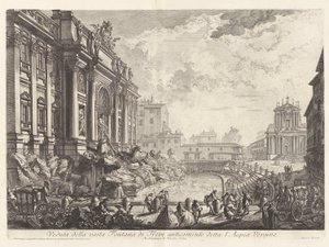 Pohled na rozlehlou fontánu di Trevi dříve známou jako l od Giovanni Battista Piranesi