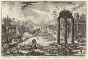 Veduta di Campo Vaccino (Pohled na Campo Vaccino [Římské fórum s chrámem Castor a Pollux napravo]), z Vedute di Roma (Pohledy na Řím) od Giovanni Battista Piranesi