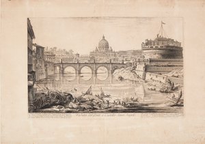 Pohled na most a Andělský hrad, Hadriánovo mauzoleum, s loděmi na Tibeře v popředí a kopulí baziliky svatého Petra v pozadí od Giovanni Battista Piranesi