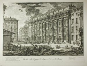 Pohled na celnici na náměstí Piazza di Pietra, která byla postavena v ruinách chrámu Marka Aurelia Antonína Pia na jeho Fóru, z Pohledů na Řím od Giovanni Battista Piranesi