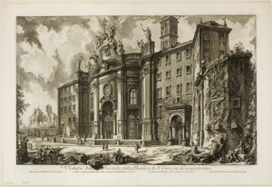 Pohled na průčelí baziliky S. Croce v Gerusalemme [Svatý kříž v Jeruzalémě], z Pohledů na Řím od Giovanni-Battista Piranesi