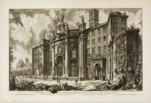 Pohled na průčelí baziliky S. Croce v Gerusalemme [Svatý kříž v Jeruzalémě], z Pohledů na Řím od Giovanni Battista Piranesi