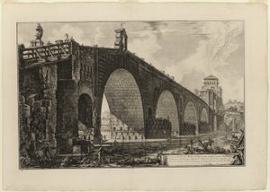 Pohled na Ponte Molle [nebo Milvijský most] přes Tiber dvě míle za Římem, z Views of Rome od Giovanni Battista Piranesi