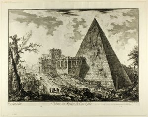 Pohled na pyramidální Cestiovu hrobku z Pohledů na Řím od Giovanni Battista Piranesi