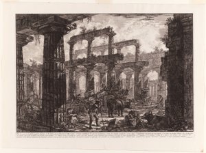 Pohled na zbytky Cella Neptunova chrámu z různých pohledů na Paestum od Giovanni Battista Piranesi