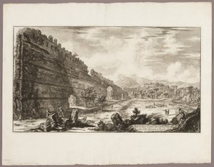 Pohled na zbytky pretoriánské pevnosti [Poecile], Hadriánova vila, Tivoli, z Pohledů na Řím od Giovanni Battista Piranesi