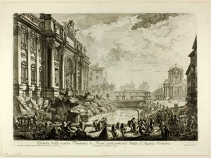 Pohled na velkou fontánu di Trevi, dříve nazývanou Acqua Vergine, z Views of Rome od Giovanni Battista Piranesi