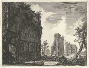 Villa Adriana t a Tivoli Pohled na zbytky obvodu starověkých továren jednoho z náměstí vily Adriana (název na objektu) Gezichten op Rome (název série) Pohledy na Řím navrhl a vyryl Giambattista Piranesi architekt Ve ( od Giovanni Battista Piranesi