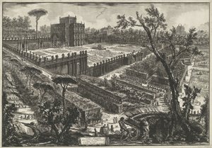 Villa Doria Pamphili te Řím Villa Panfili mimo Porta S. Pancrazio (název na objektu) Gezichten op Rome (název série) Pohledy na Řím navržený a vyrytý architektem Giambattista Piranesi Ve (nez) iano (název série) od Giovanni Battista Piranesi