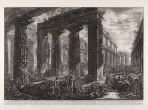 Vnitřní pohled na Neptunův chrám popsaný na desce X od Giovanni Battista Piranesi
