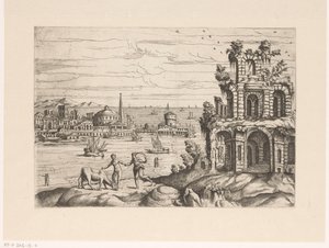 Panoráma města s ruinami a fantasy architekturou u vody Krajiny s ruinami a fantazijní architekturou a postavami v antických a exotických šatech (název série)