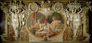 Danae, detail výzdoby v Galerii Františka I., freska 1530-40 od Giovanni Battista Rosso Fiorentino