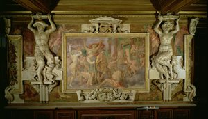 Hon na nevědomost, detail výzdoby v galerii Františka I., freska a štuky z let 1530-40 od Giovanni Battista Rosso Fiorentino