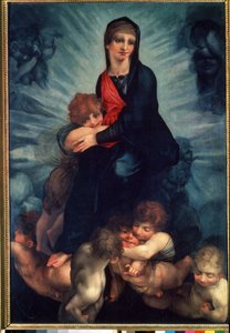 Panna a dítě s anděly (The Virgin and the Child with angels). Obraz Fiorentino Rosso (1495-1540). Olej na plátně od Giovanni Battista Rosso Fiorentino