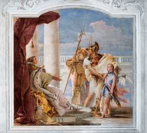Aeneid představuje Amora, převlečeného za Ascania, Dido z pokoje Aeneidy v Palazzině, 1757 od Giovanni Battista Tiepolo