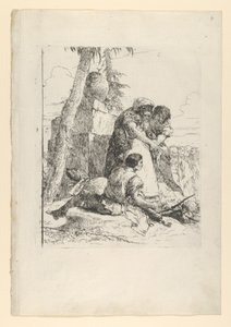Kouzelník ukazuje na hořící hlavu dvěma mladíkům ze Scherzi, ca. 1743-50. od Giovanni Battista Tiepolo