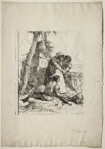Scherzi di Fantasia: Kouzelník ukazuje na hořící hlavu dvěma mladým lidem od Giovanni Battista Tiepolo