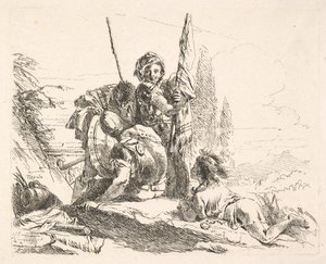 Tři vojáci a mladík ležící na břiše v krajině, vojáci nesou..., ca. 1740-42. od Giovanni Battista Tiepolo
