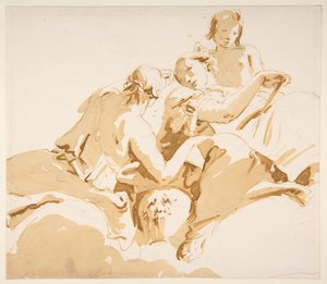Zwei sitzende Frauen und ein Junge auf Wolken