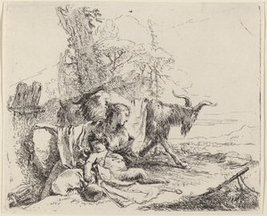 Žena, satyrské dítě a koza v krajině od Giovanni Battista Tiepolo