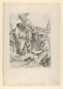 Žena klečící před kouzelníky a jinými postavami, ze Scherzi, ca. 1743-50. od Giovanni Battista Tiepolo