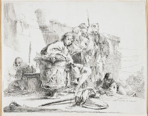 Mladý muž sedící, opřený o urnu, talíř z Vari Capricci (Různé rozmary), 40. léta 18. století od Giovanni Battista Tiepolo