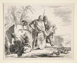 Mladý voják s filozofem a sedící ženou ze série Vari Capricci od Giovanni-Battista Tiepolo