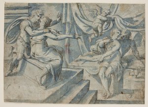 Milenecký pár na lůžku odhalí putto římskému vojákovi a jeho ženě od Giovanni Bellini