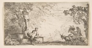 Satyr ležící u nohy sochy Priapa, vpravo kozy, ca. 1645-48. od Giovanni Benedetto Castiglione