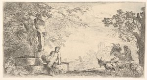 Satyr ležící u nohy sochy Priapa, vpravo kozy, ca. 1645-48. od Giovanni Benedetto Castiglione