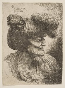 Busta bezvousého starce z profilu vpravo, ze série Malá hlava..., ca. 1645-1650. od Giovanni Benedetto Castiglione