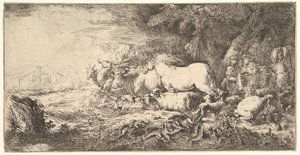 Vstup zvířat do Noemovy archy, tři muži následují čtyřnožce a ptáci střídají..., ca. 1650-55.